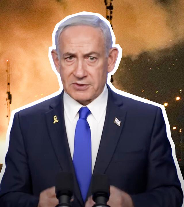 Der israelische Präsident Benjamin Netanjahu vor einer Explosion.