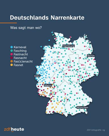 El mapa de Alemania muestra que el término carnaval se utiliza principalmente en el oeste, Fasching en el este y el sur. El carnaval es, entre otras cosas, típico de Maguncia.