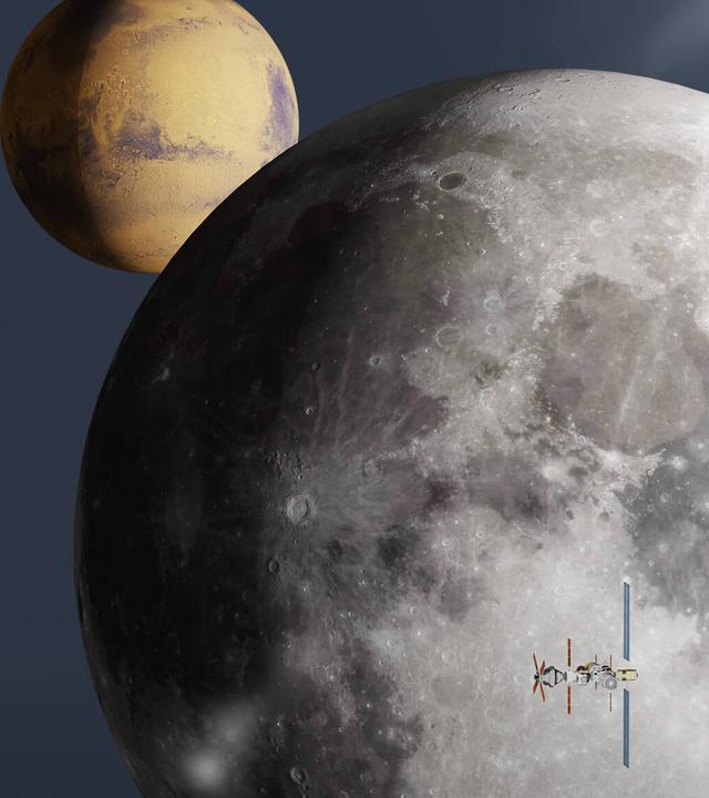 Auf der Illustration ist im vorderen Teil des Bildes die orbitale Raumstation der Artemis Mission zu sehen. Dahinter reihen sich der Mond und der Mars auf. 