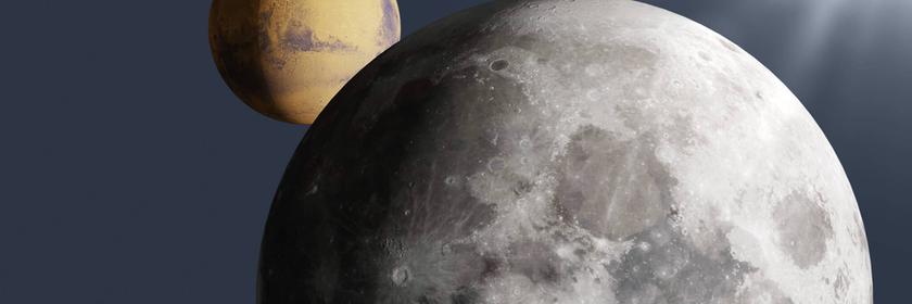 Auf der Illustration ist im vorderen Teil des Bildes die orbitale Raumstation der Artemis Mission zu sehen. Dahinter reihen sich der Mond und der Mars auf. 