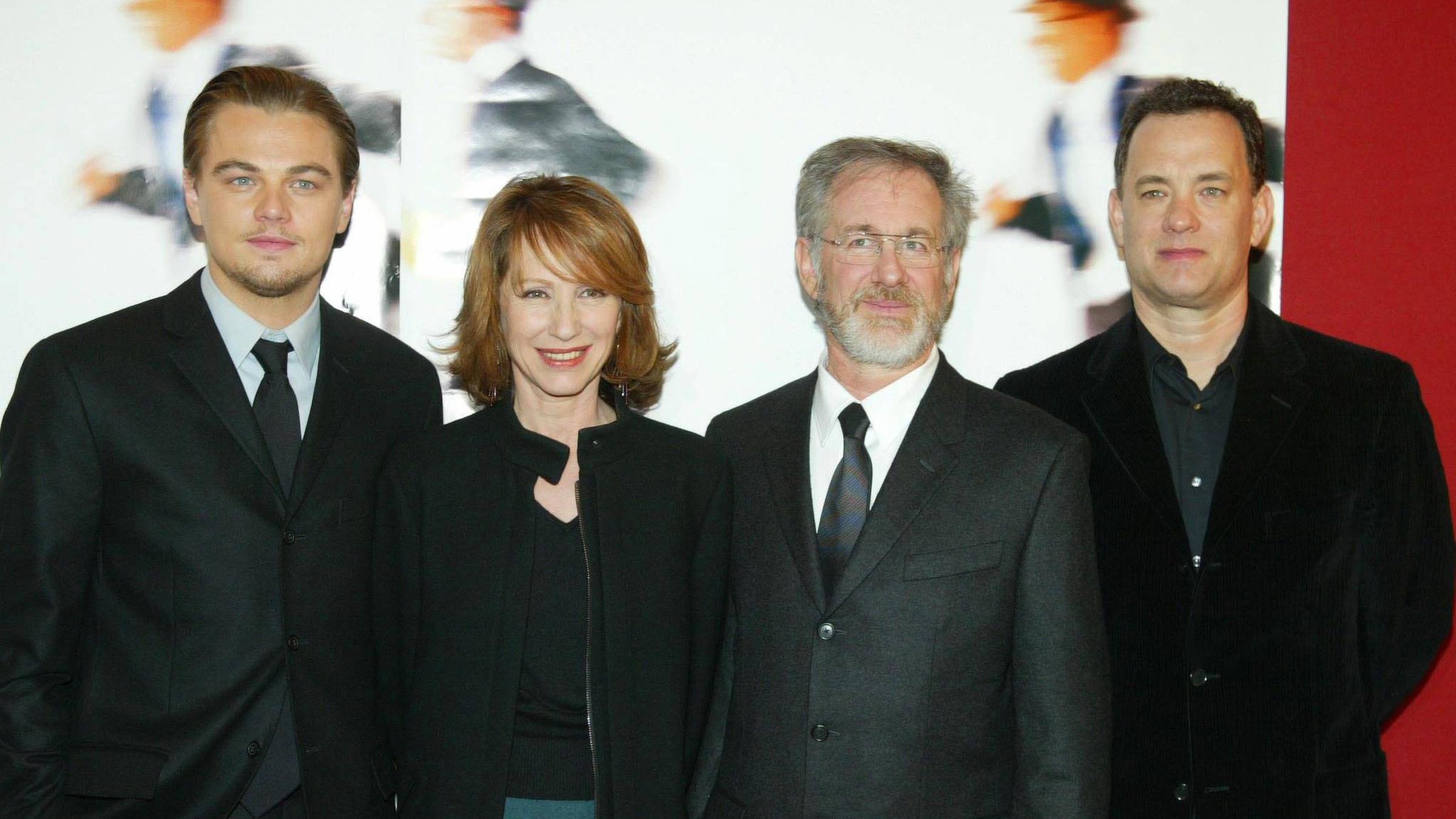 Leonardo Di Caprio, Nathalie Baye, Steven Spielberg und Tom Hanks bei der Premiere des Films "Catch me if you can" am 29.01.2003.