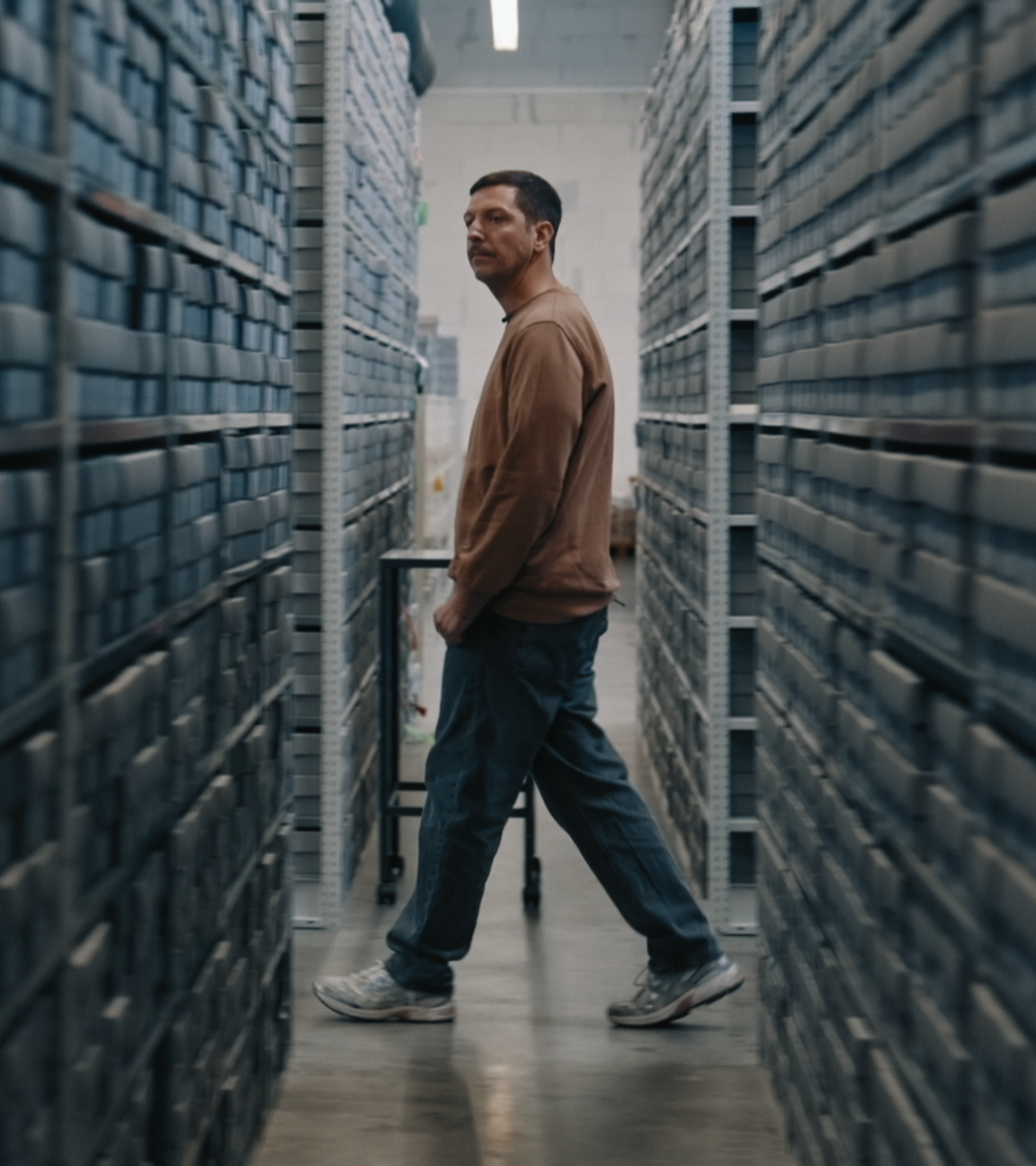 Ein Mann geht zwischen Regalreihen in einem Archiv entlang.