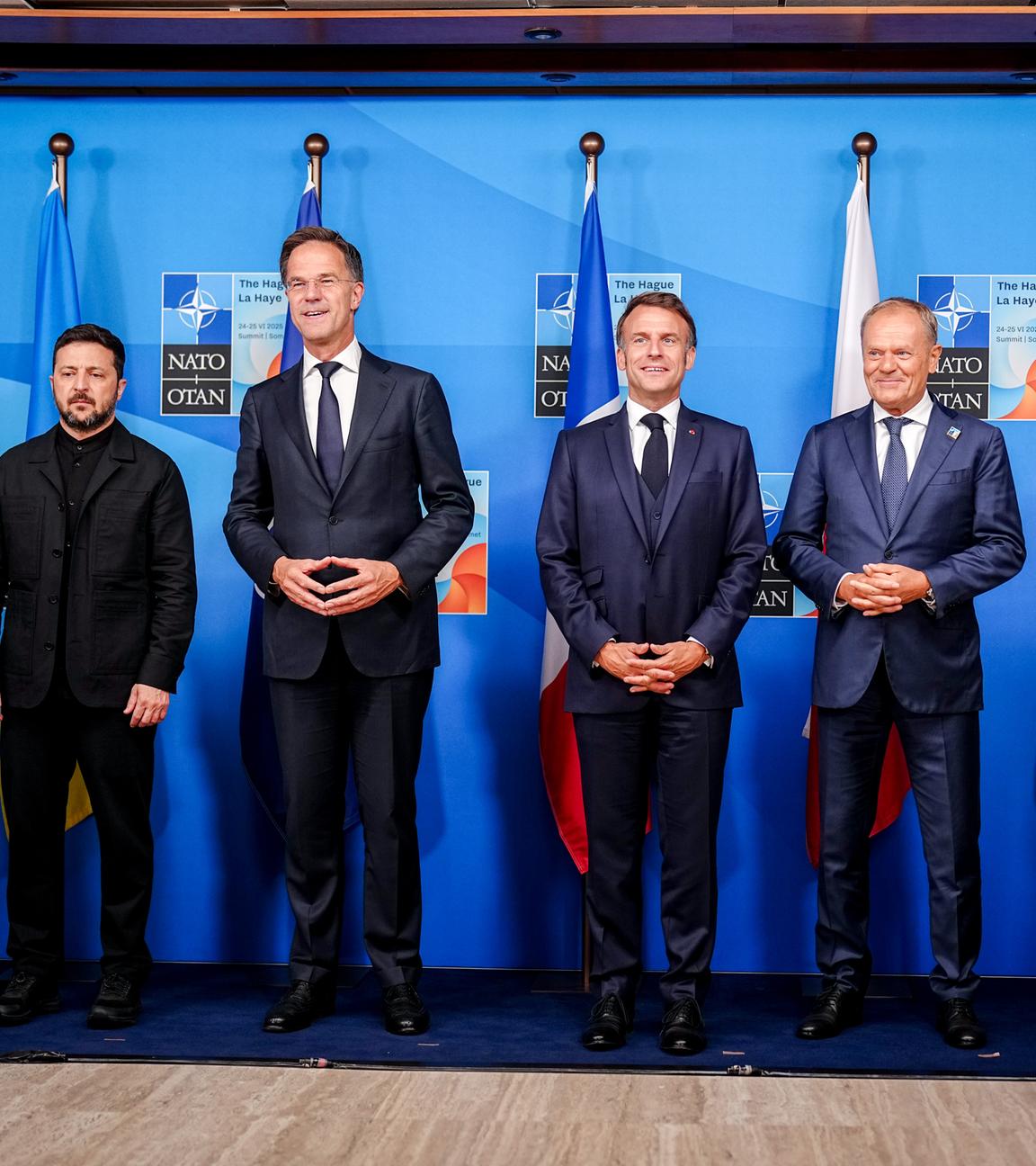 Giorgia Meloni, Wolodymyr Selenskyj, Mark Rutte, Emmanuel Macron, Donald Tusk und Friedrich Merz kommen zum so genannten E5-Treffen am Rande des Nato-Gipfels zusammen.
