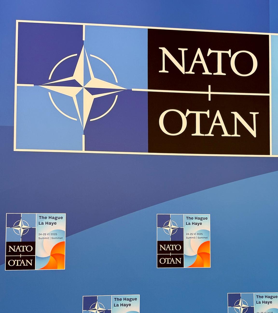 Niederlande, Den Haag: Das Logo für den Gipfel der Nato ist auf einer Wand angebracht.