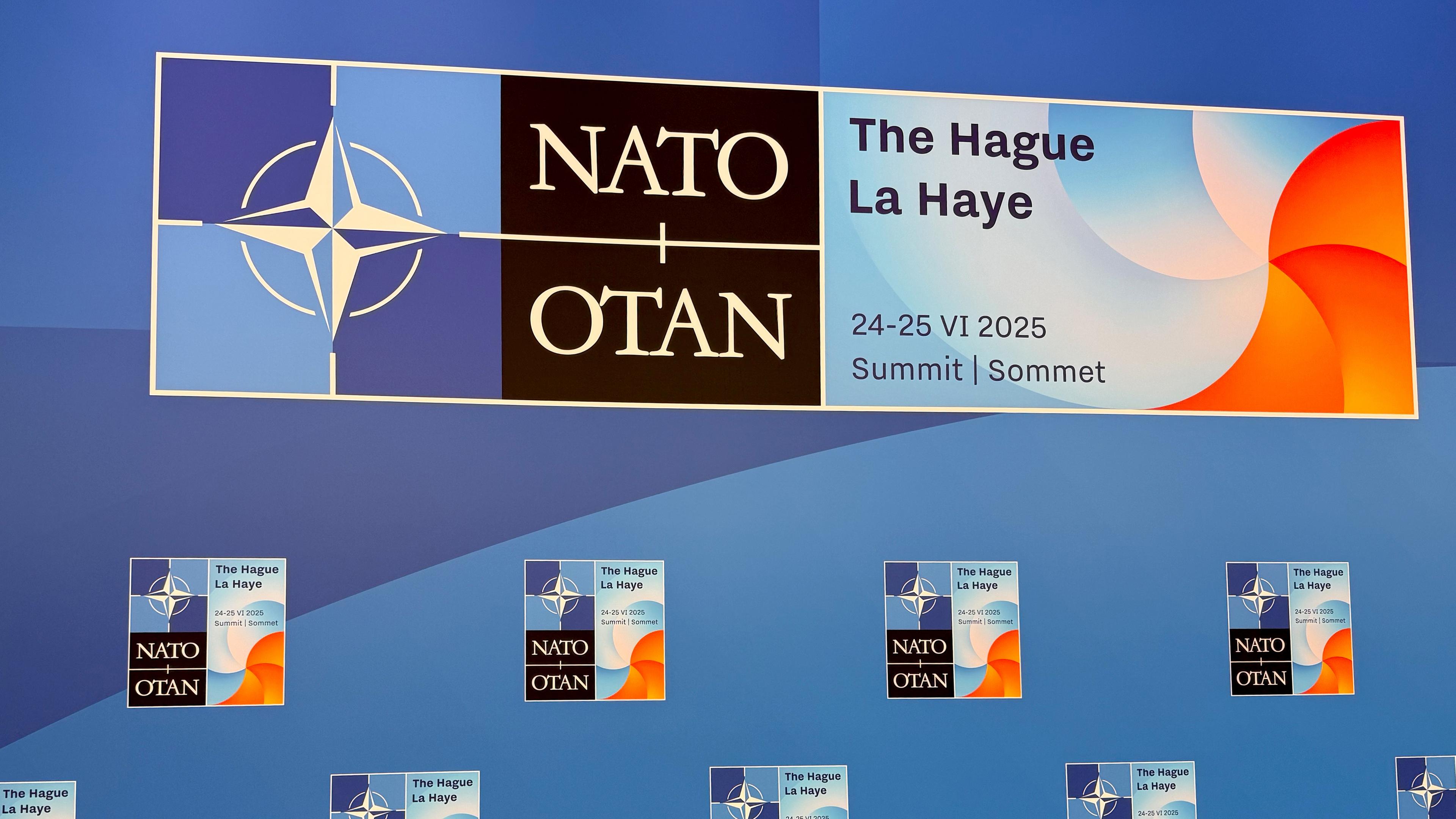 Niederlande, Den Haag: Das Logo für den Gipfel der Nato ist auf einer Wand angebracht.