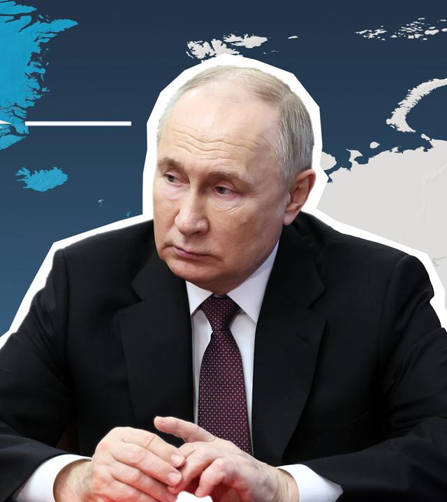 Putin ist abgebildet vor einer Karte der Mitgliedsstaaten der Nato. 