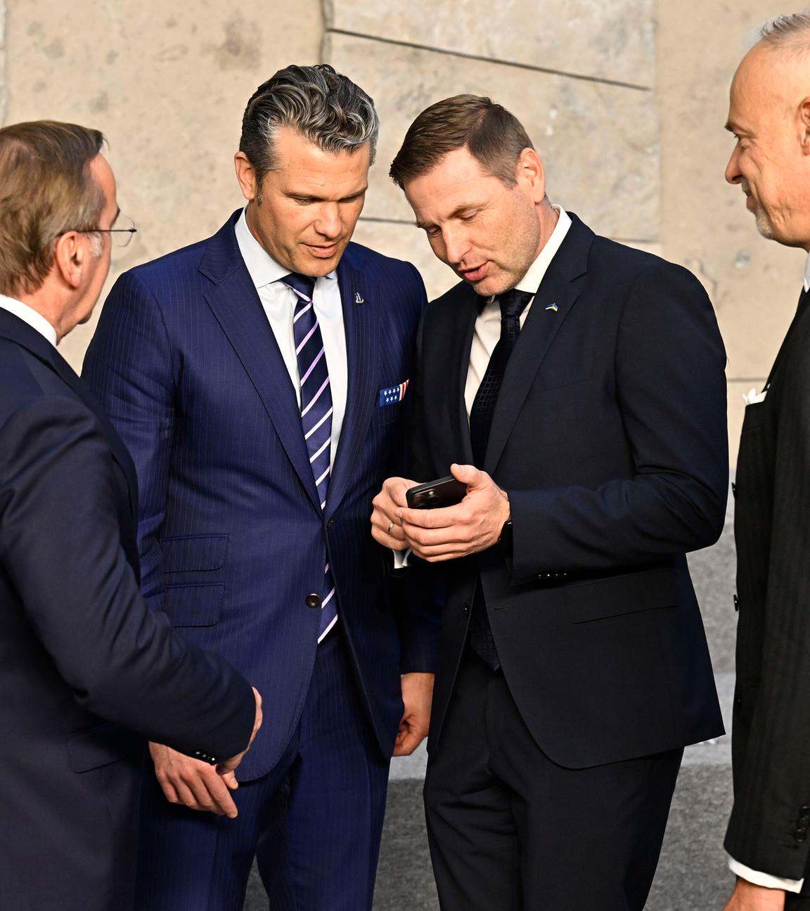 Boris Pistorius, Minister of Defence of Germany , US Secretary of War Pete Hegseth, Estonian Hanno Pevkur and Hungarian minister Kristof Szalay - Bobrovniczky after the Ministers of Defence meeting at NATO headquarters in Brussels