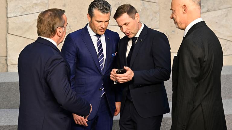 Boris Pistorius, Minister of Defence of Germany , US Secretary of War Pete Hegseth, Estonian Hanno Pevkur and Hungarian minister Kristof Szalay - Bobrovniczky after the Ministers of Defence meeting at NATO headquarters in Brussels