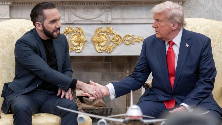 US-Präsident Donald Trump schüttelt die Hand von El Salvadors Staatschef Nayib Bukele im Oval Office des Weißen Hauses in Washington