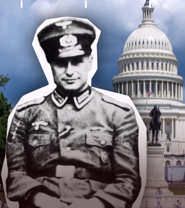 Schwarz-Weiß-Foto von Klaus Barbie im Vordergrund des US-Kapitols
