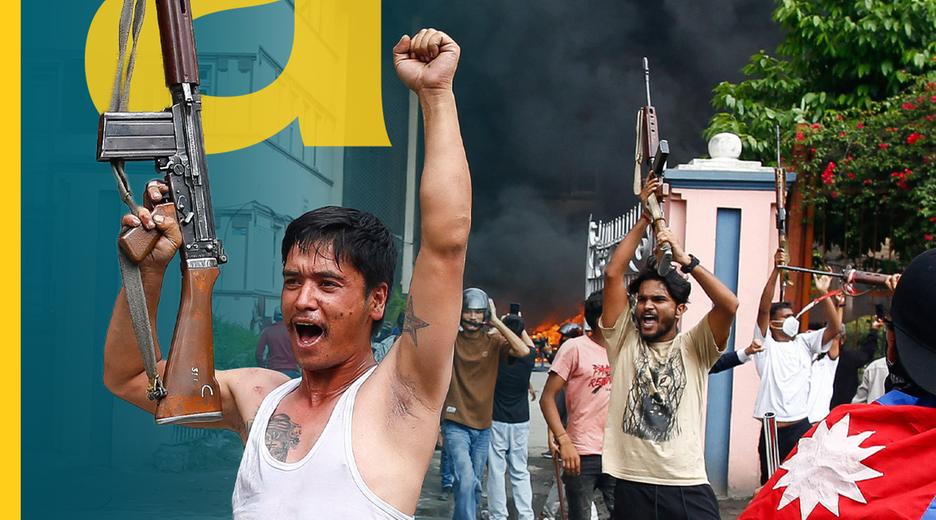 Protestierende Jugendliche mit Waffen in Nepal
