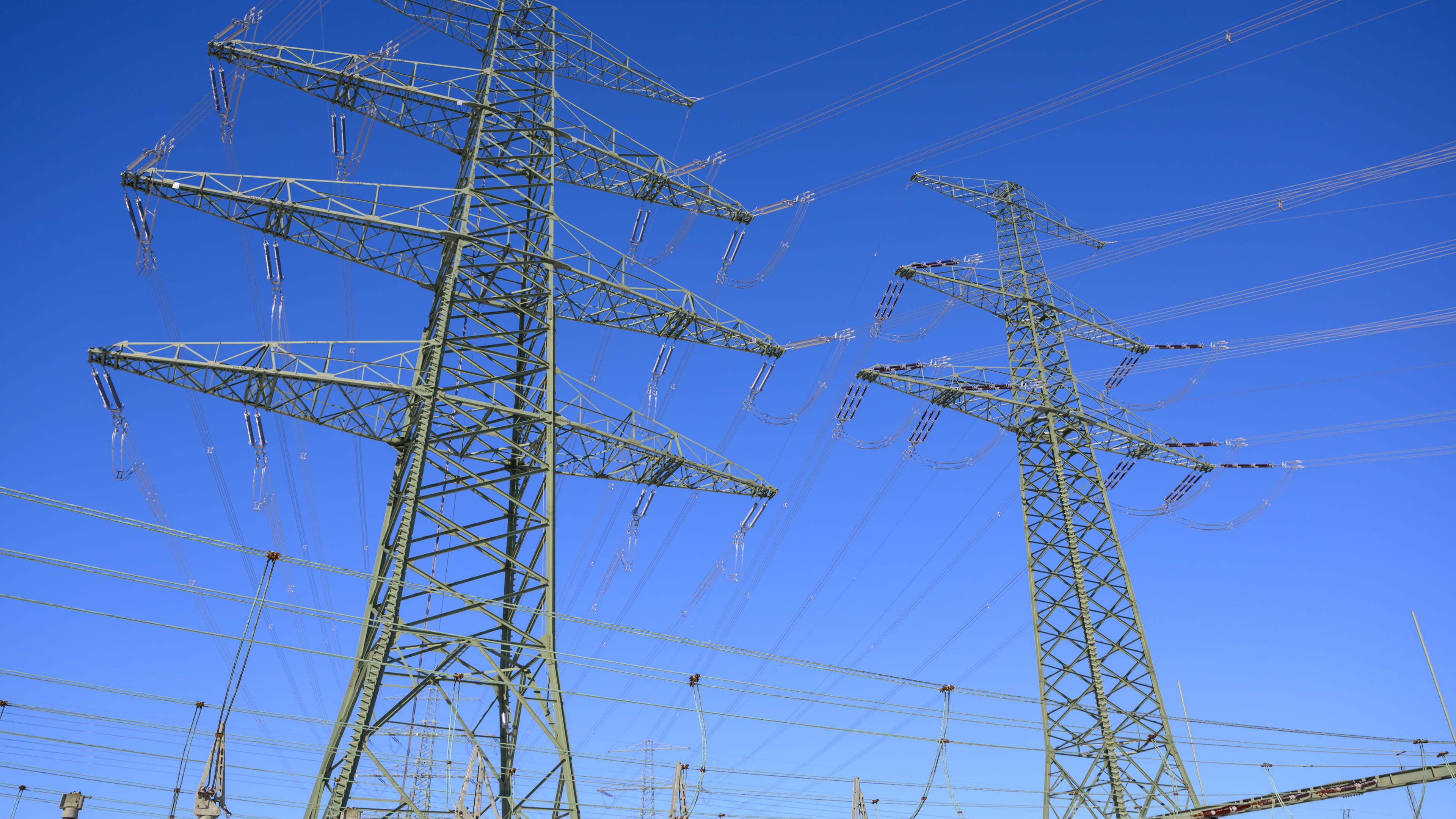  Ein Hochspannungsmast der Uckermarkleitung (l) und ein Mast vom Nordring sind auf dem Umspannwerk Neuenhagen von 50Hertz zu sehen. 