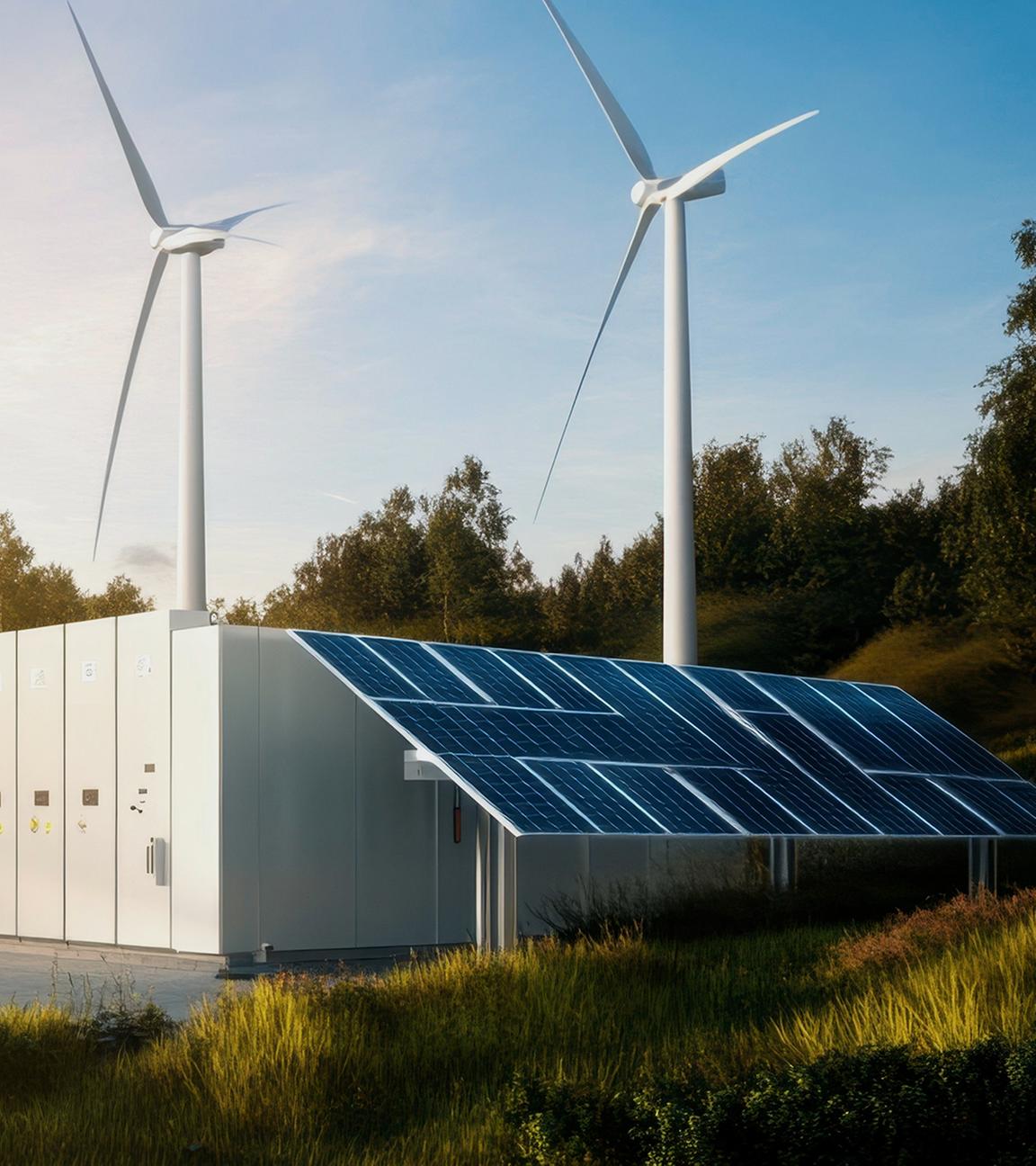 Typical Erneuerbare Energien: Windräder, Solaranlagen im freien Gelände
