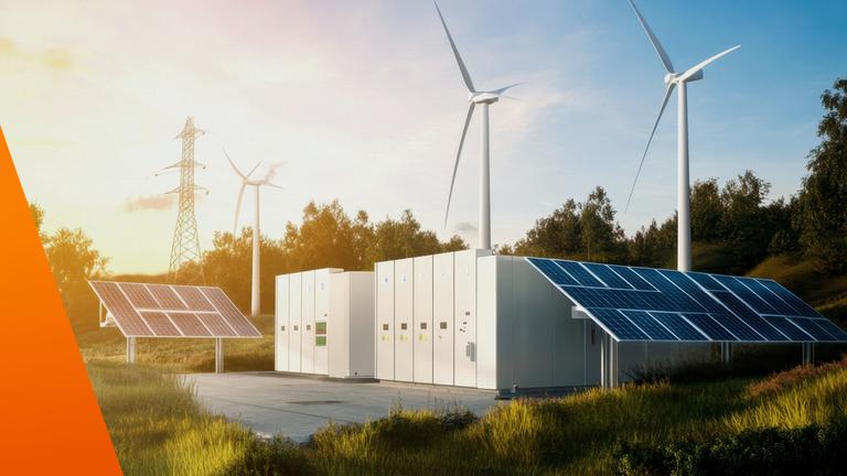 Typical Erneuerbare Energien: Windräder, Solaranlagen im freien Gelände