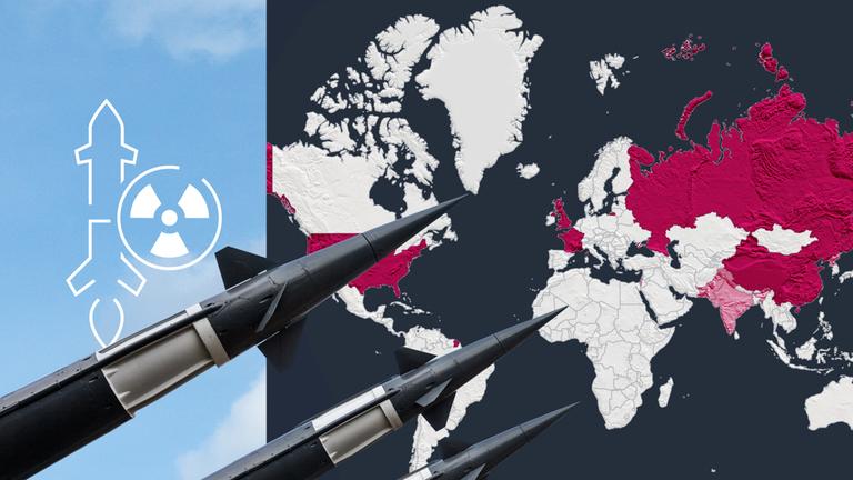 Weltkarte mit Atommächten und Atomwaffen