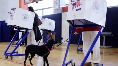 A voter marks her ballot at a polling location at Frank Sinatra School of Arts in the Queens borough of New York City
