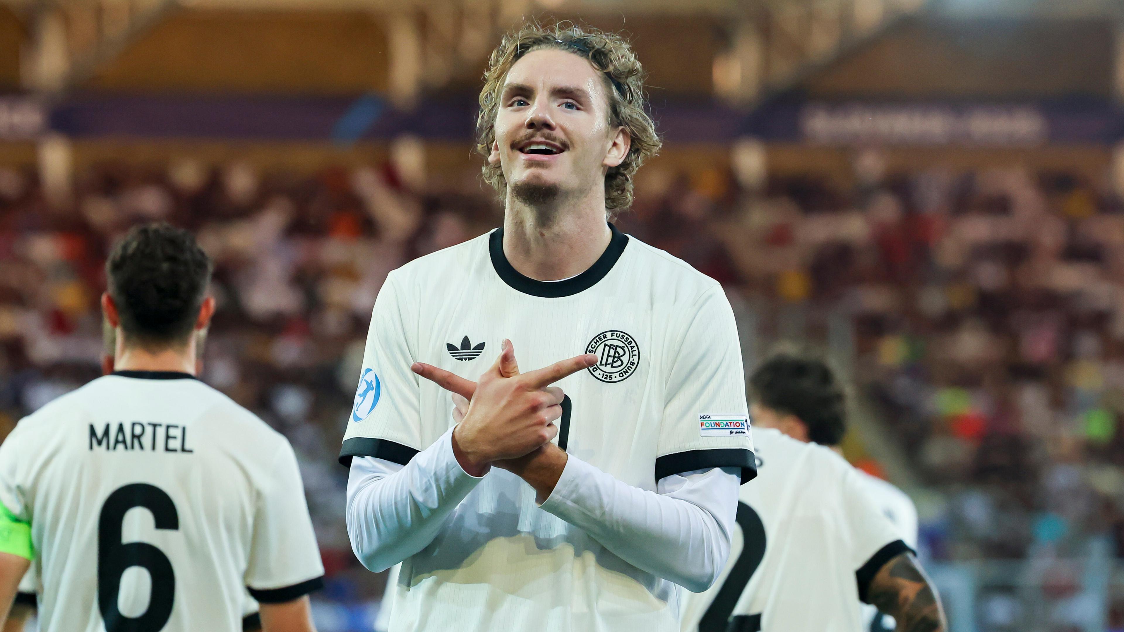 Der deutsche Fußballer Nick Woltemade bejubelt seinen Treffer zum 2:0 bei der UEFA European Under-21 Championship 2025 gegen Frankreich am 25.06.2025.