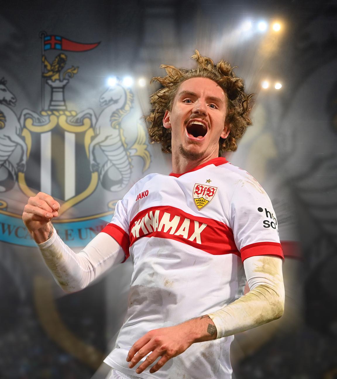 Illustration: Nick Woltemade vor dem Logo von Newcastle United