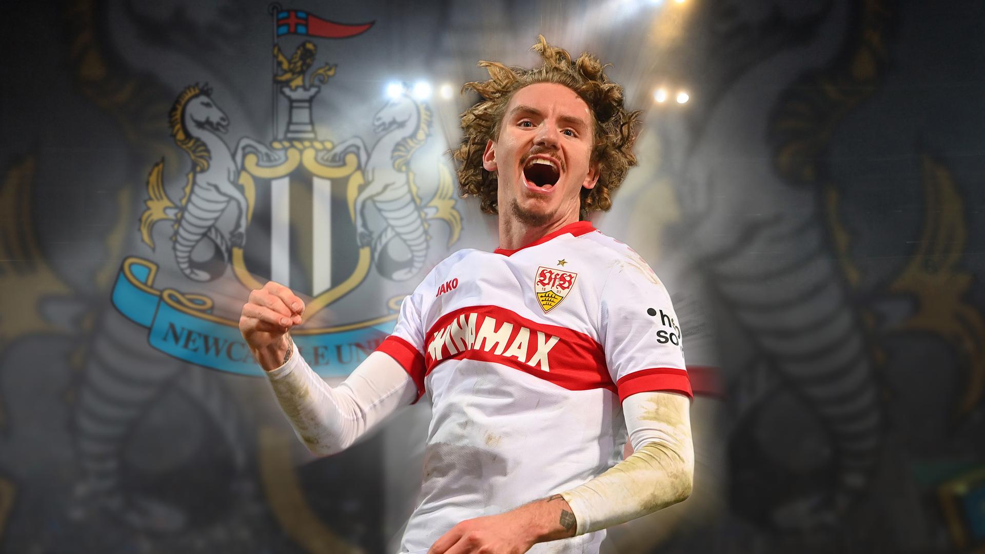 Illustration: Nick Woltemade vor dem Logo von Newcastle United