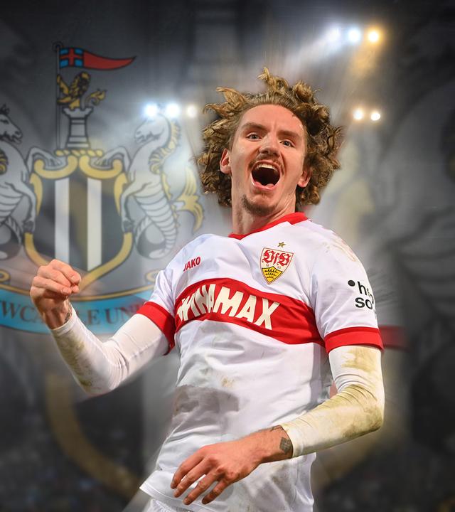 Illustration: Nick Woltemade vor dem Logo von Newcastle United
