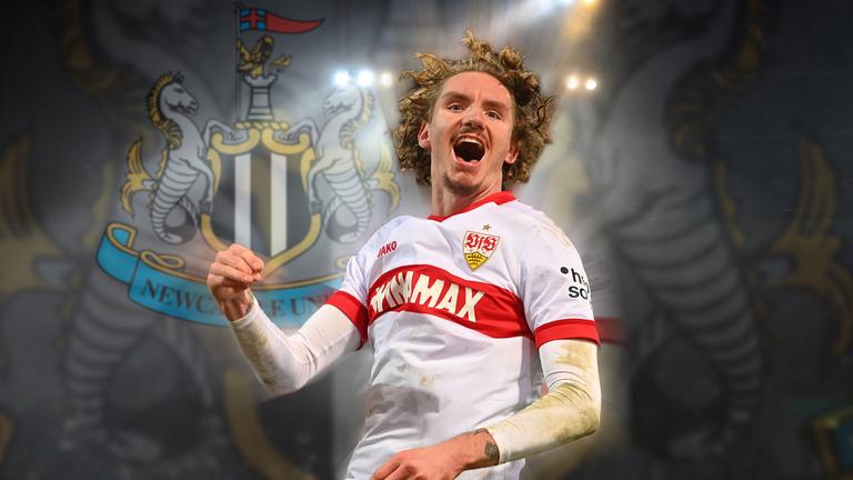 Illustration: Nick Woltemade vor dem Logo von Newcastle United