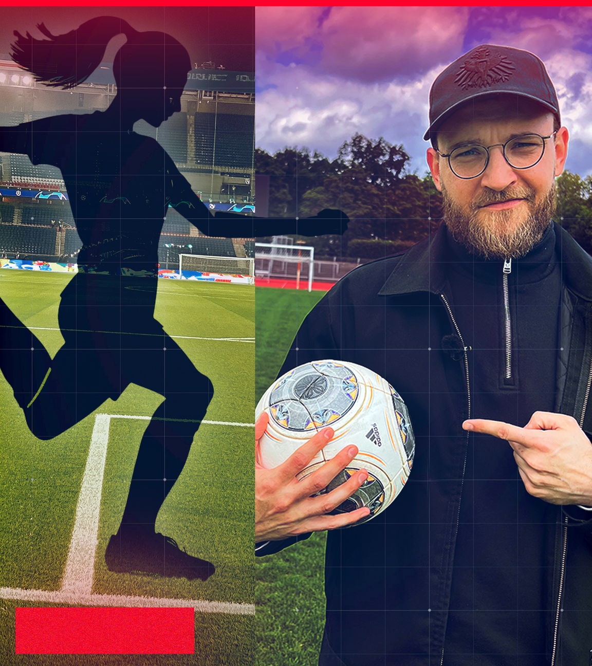 Nico Heymer mit Ball in der Hand am Spielfeldrand mit Silhouette einer Fußballspielerin im Hintergrund