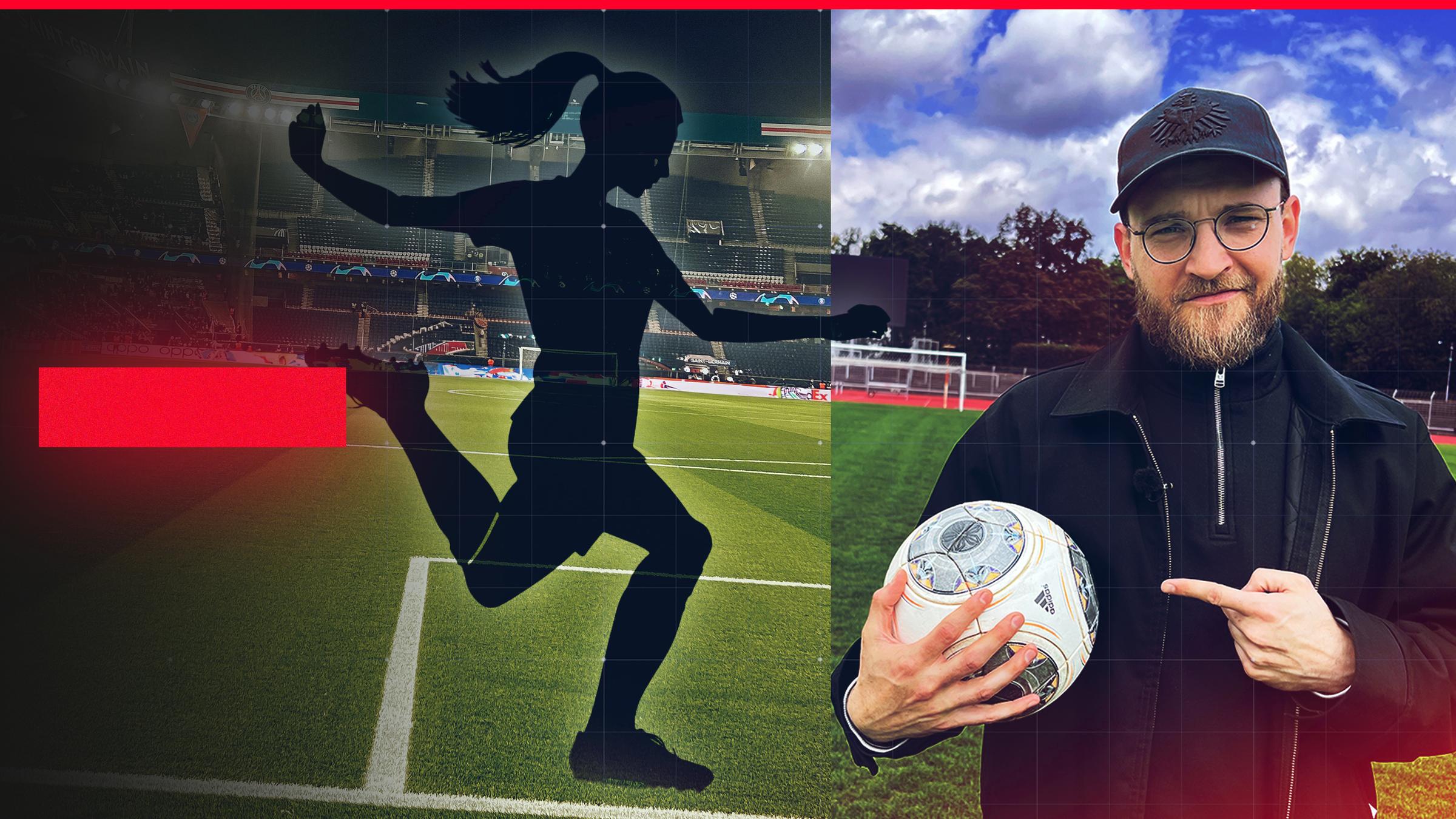 Nico Heymer mit Ball in der Hand am Spielfeldrand mit Silhouette einer Fußballspielerin im Hintergrund