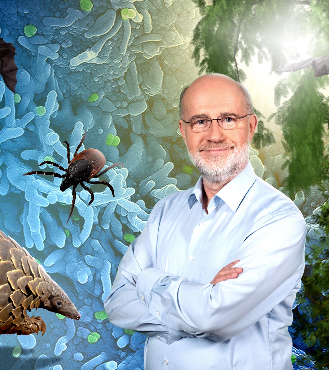 Collage: Professor Harald Lesch vor Männern mit Schutzanzügen und Fledermäusen