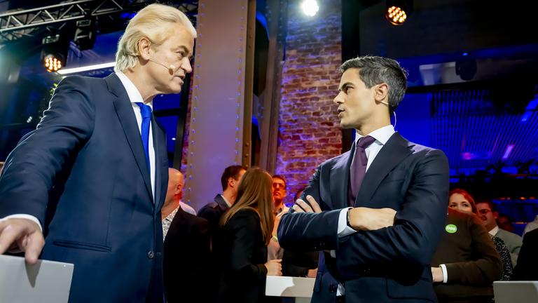 Die Parteivorsitzenden Geert Wilders (l, PVV) und Rob Jetten (D66)