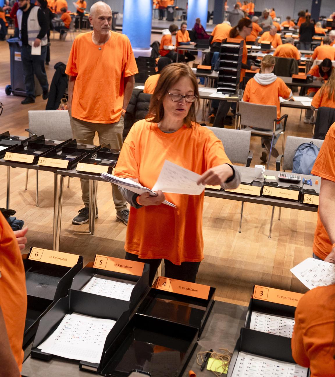Polling station staff count postal votes from voters abroad at the World Forum in The Hague
