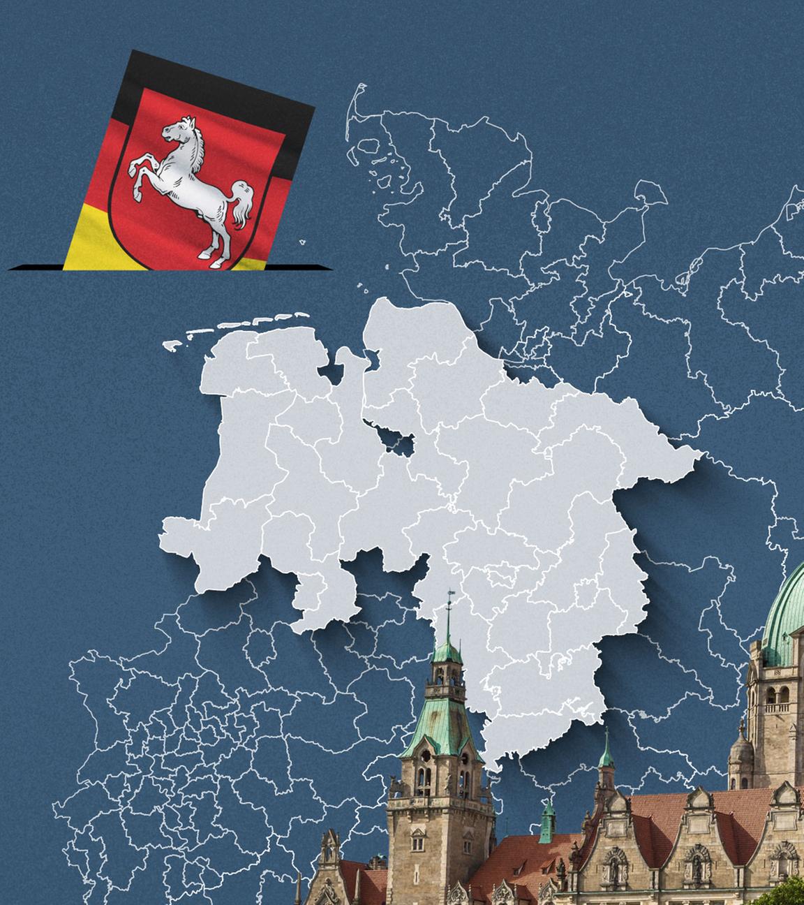 Foto vom Neuen Rathaus Hannover, davor eine Wahlkreis-Karte von Niedersachsen und die Flagge 