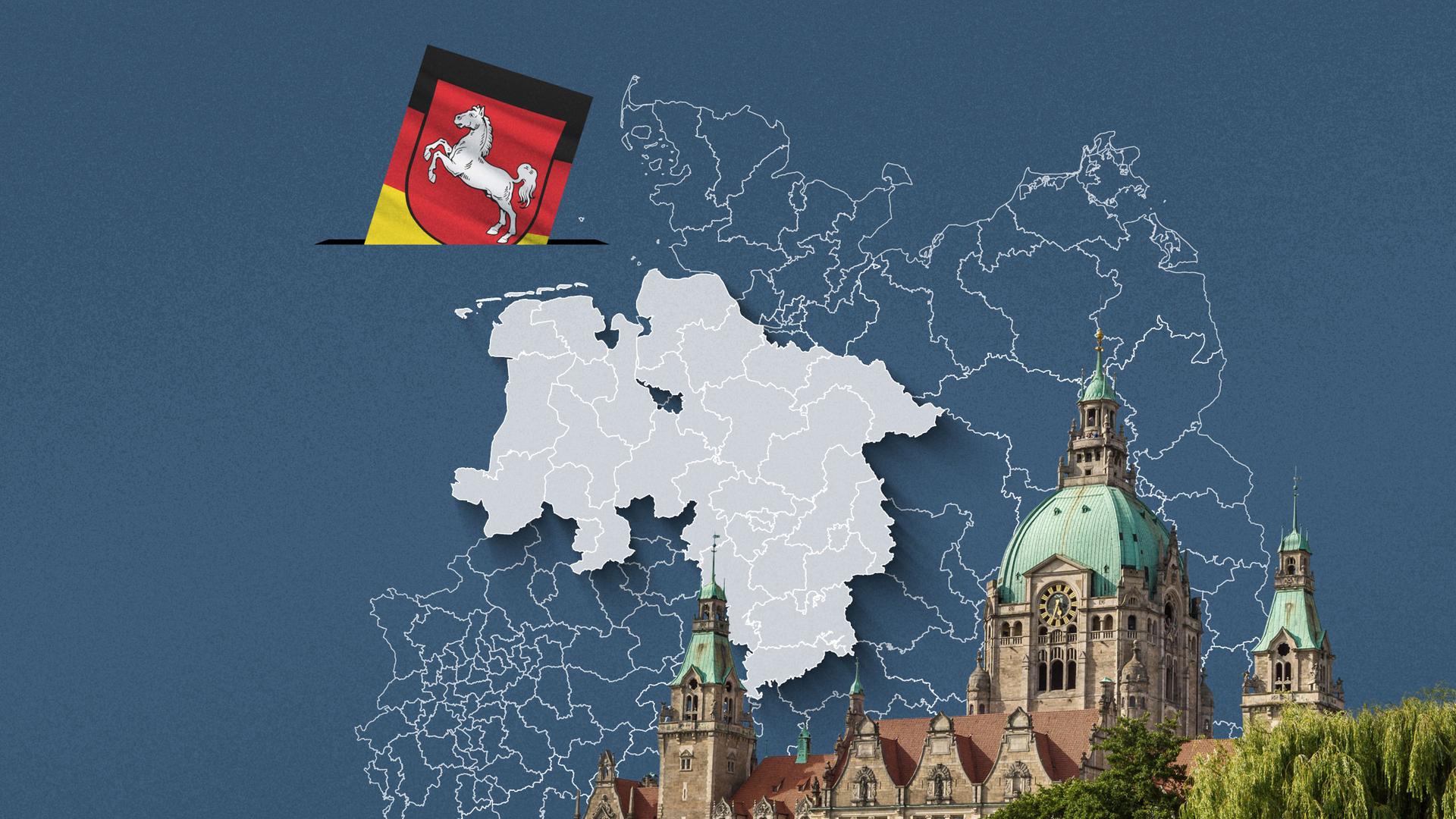 Foto vom Neuen Rathaus Hannover, davor eine Wahlkreis-Karte von Niedersachsen und die Flagge 