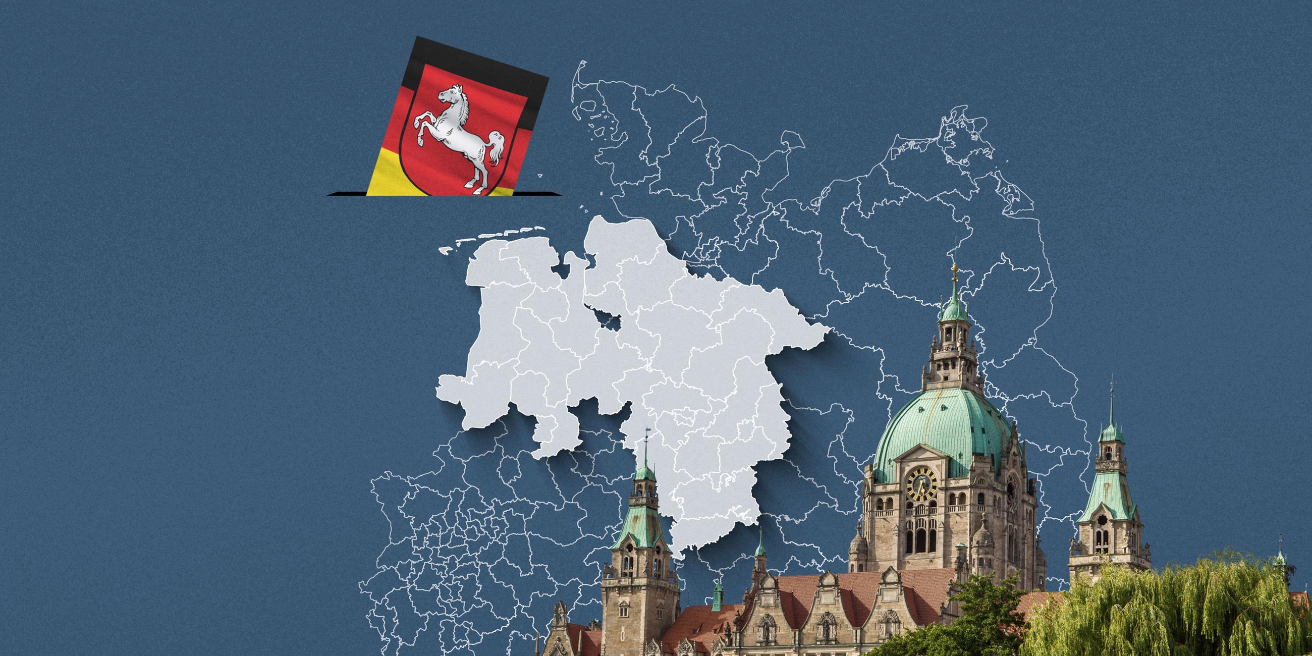 Foto vom Neuen Rathaus Hannover, davor eine Wahlkreis-Karte von Niedersachsen und die Flagge 