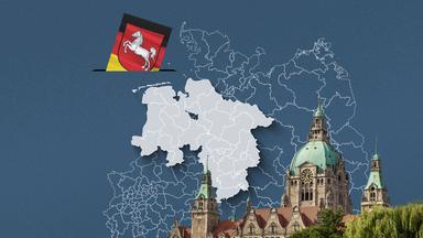 Foto vom Neuen Rathaus Hannover, davor eine Wahlkreis-Karte von Niedersachsen und die Flagge 
