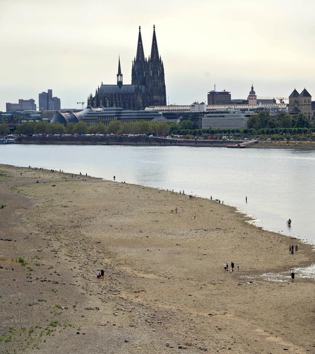 Das zum Teil ausgetrocknete Flussbett des Rheins bei Köln.