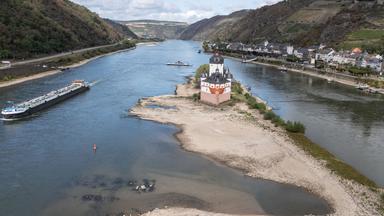 Hier bei Kaub am Rhein sind dieses Jahr die bisher niedrigsten Wasserstände gemessen worden.