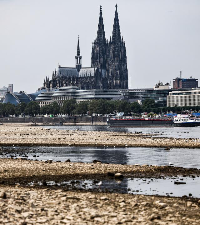 Nordrhein-Westfalen, Köln: Ein Binnenschiff fährt bei niedrigem Pegelstand am Dom vorbei über den Rhein.