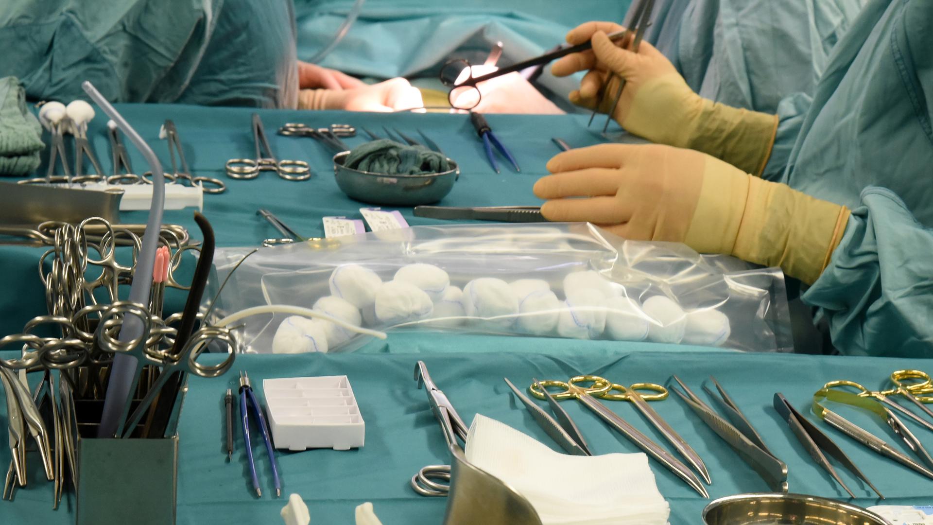 In einem Transplantationszentrum wird eine von einem gesunden Spender vor wenigen Minuten entnommene Niere beim Empfänger transplantiert.