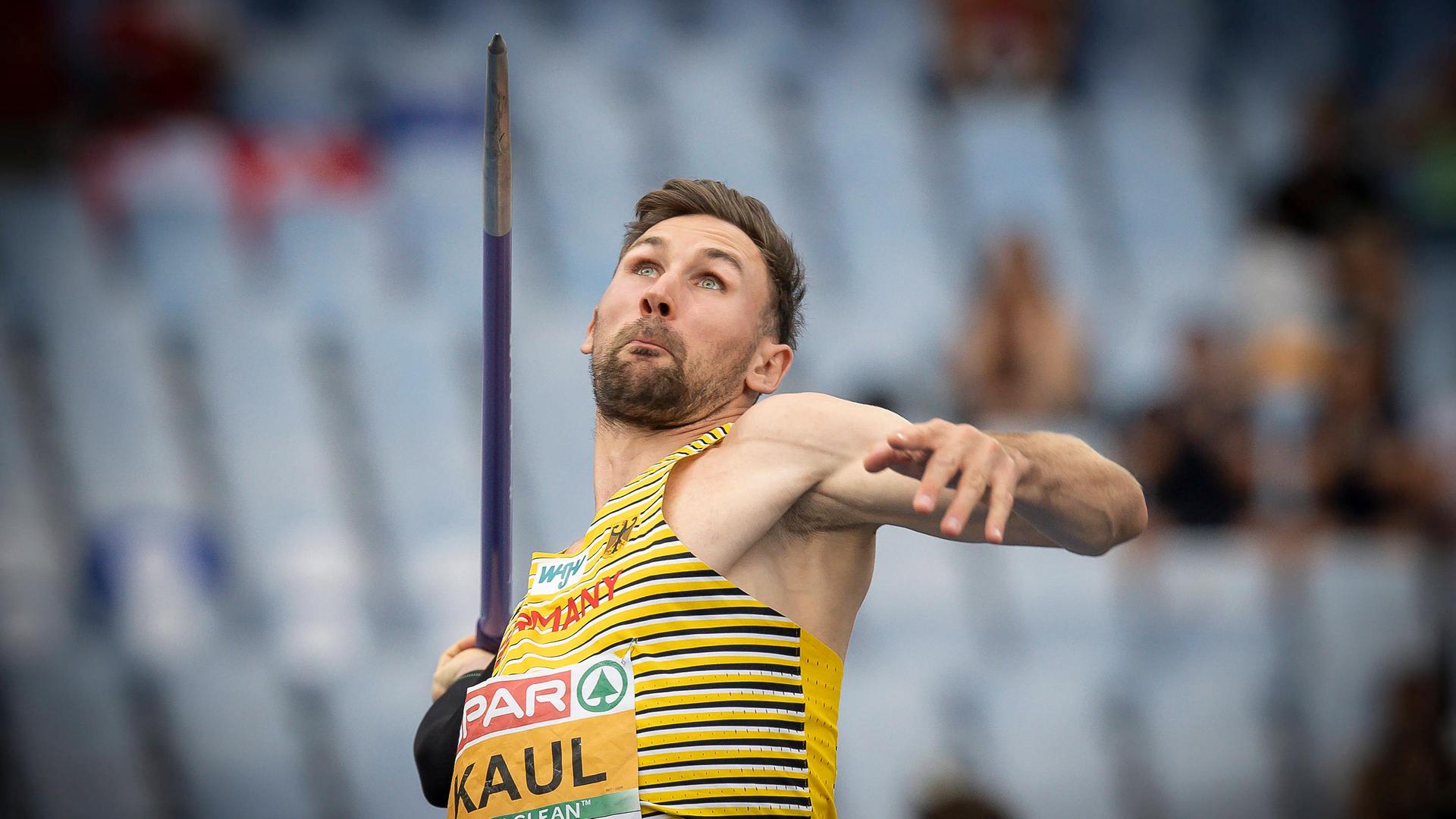 Zehnkämpfer Niklas Kaul beim Speerwerfen am 11.06.2024.