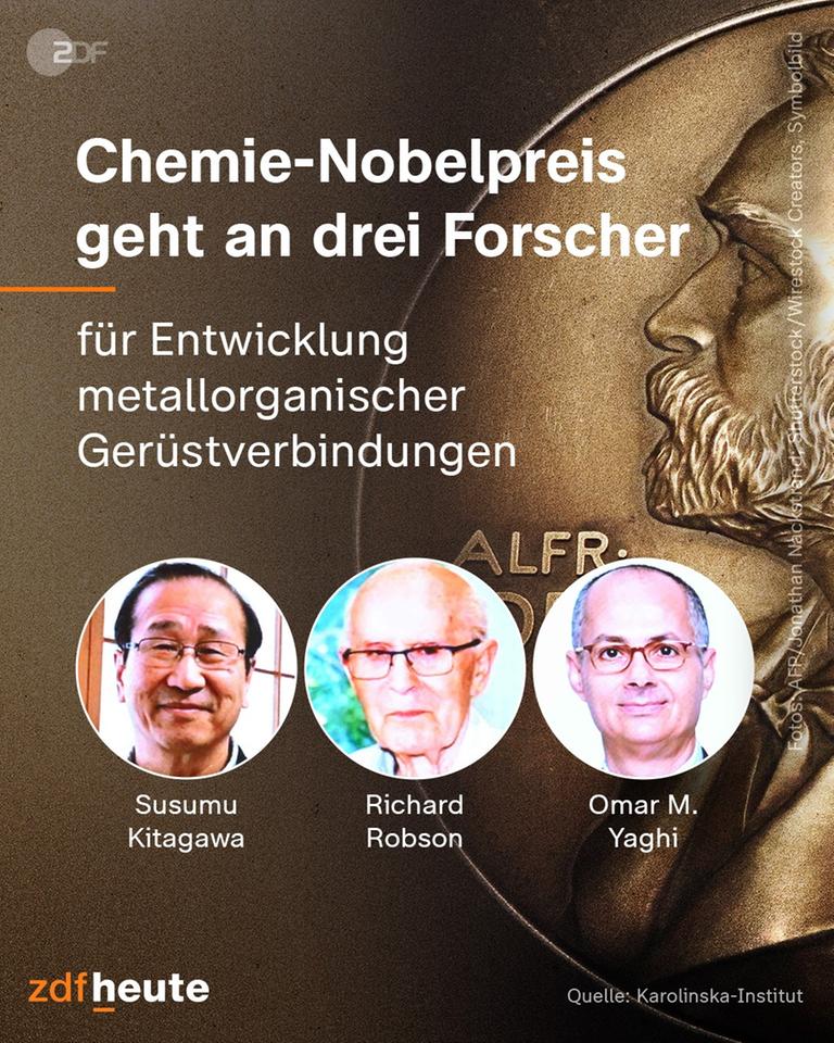 Die drei Preiträger des Nobelpreises in Chemie: Susumu Kitagawa (Japan), Richard Robson (Australien) und Omar Yaghi (USA).