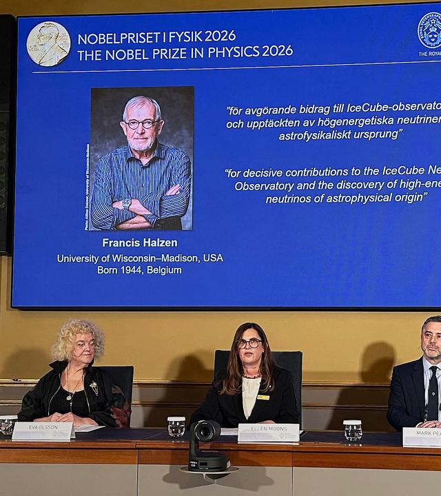 Bekanntgabe Nobelpreis für Physik: Physik-Nobelpreis geht an belgisch-US-amerikanischen Elementarteilchenphysiker Francis Halzen, aufgenommen am 06.10.2026