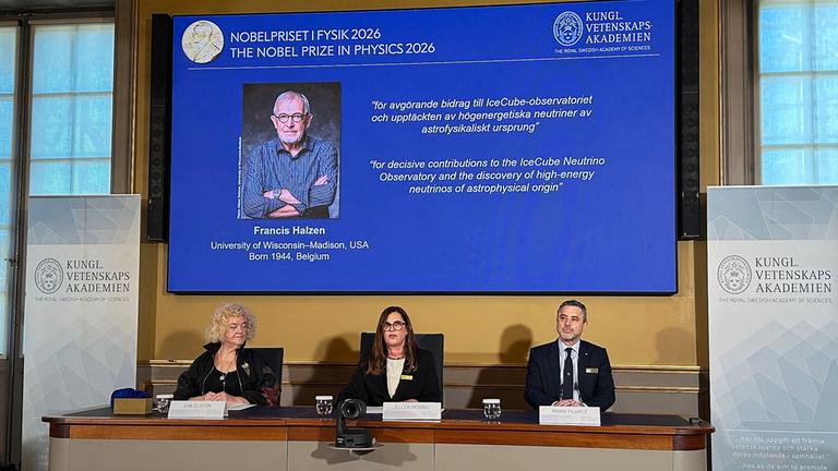 Bekanntgabe Nobelpreis für Physik: Physik-Nobelpreis geht an belgisch-US-amerikanischen Elementarteilchenphysiker Francis Halzen, aufgenommen am 06.10.2026