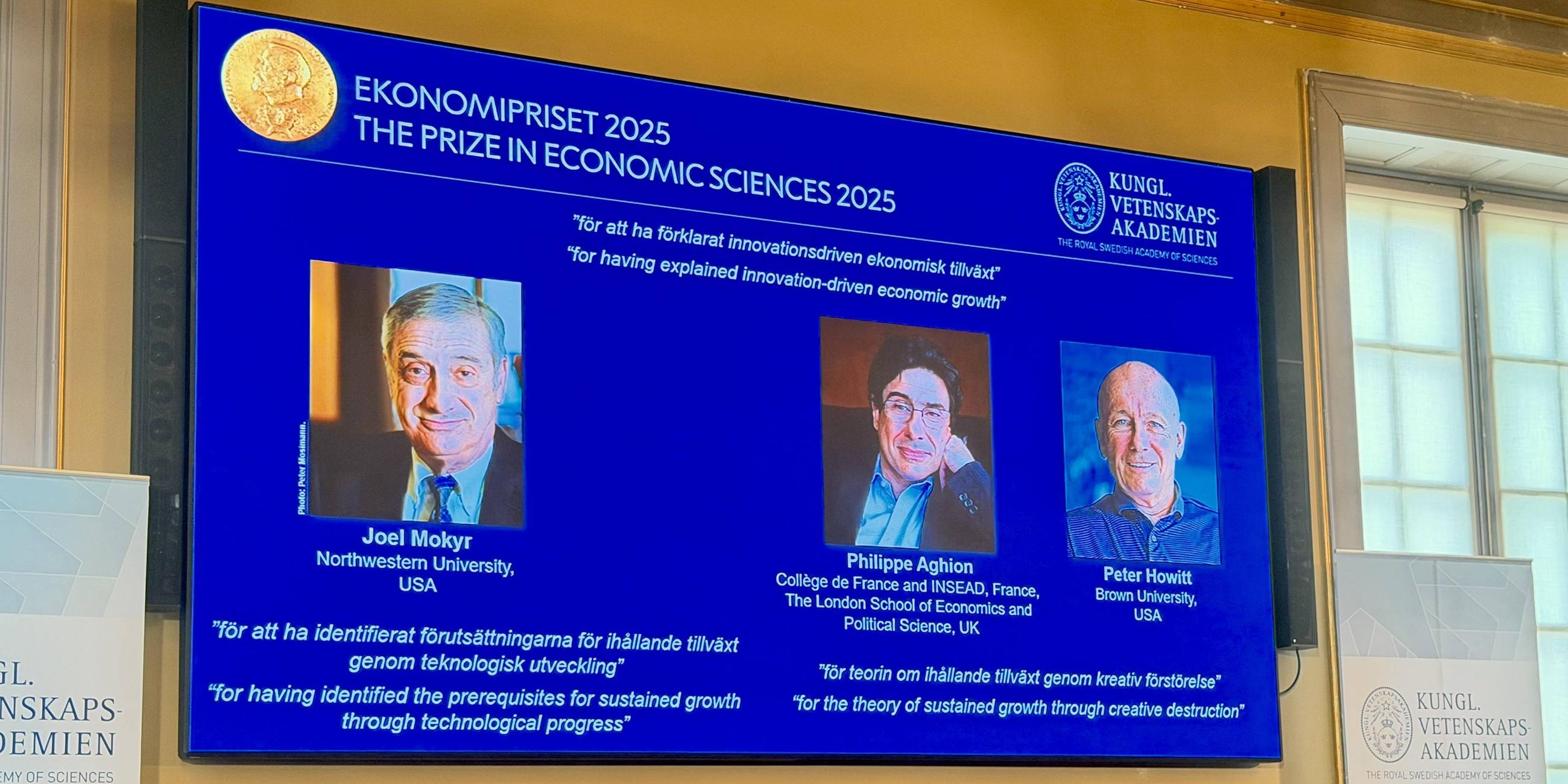 Die Bekanntgabe des Nobelpreises für Wirtschaftswissenschaften 2025 in Stockholm.