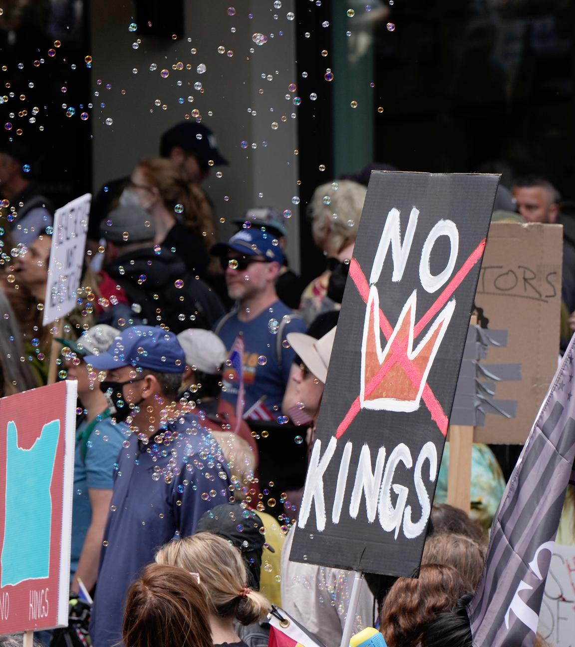 Demonstranten nehmen an der «No Kings»-Demonstration teil und halten ihre Schilder hoch.