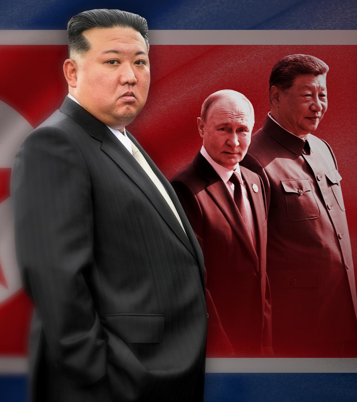Collage: Zentral steht Kim Jong Un in lässiger Pose, kleiner neben ihm stehen Putin und Xi Jinping, im Hintergrund groß die Flagge von Nordkorea