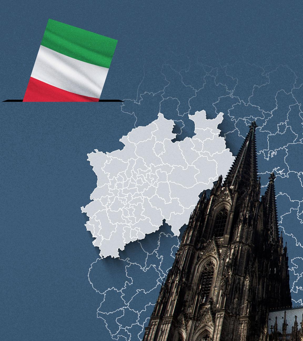 Foto vom Kölner Dom, davor eine Wahlkreis-Karte von Nordrhein-Westfalen und die Flagge