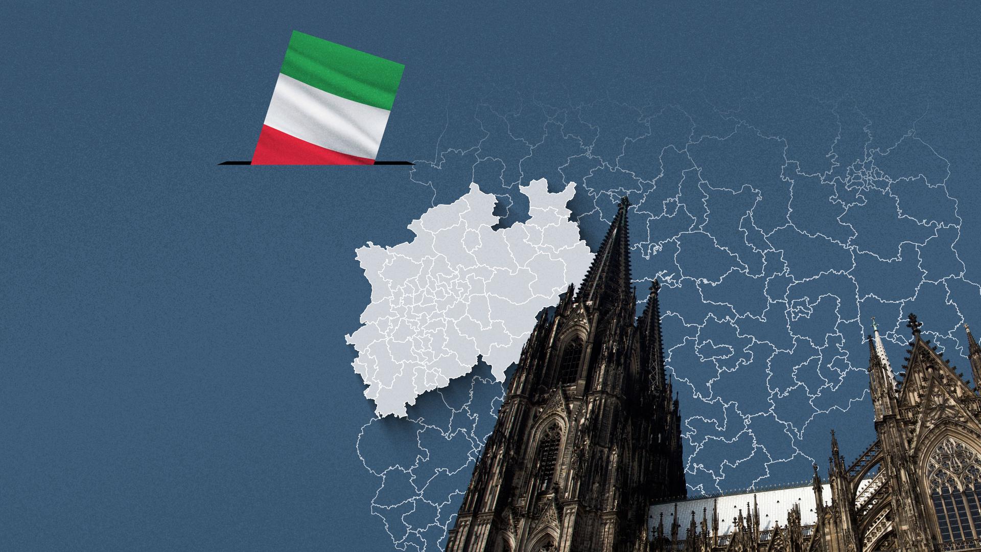 Foto vom Kölner Dom, davor eine Wahlkreis-Karte von Nordrhein-Westfalen und die Flagge