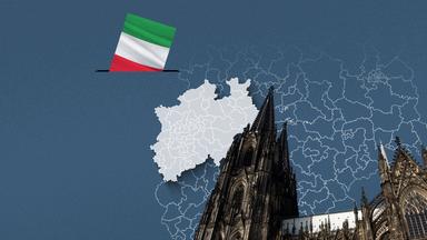 Foto vom Kölner Dom, davor eine Wahlkreis-Karte von Nordrhein-Westfalen und die Flagge