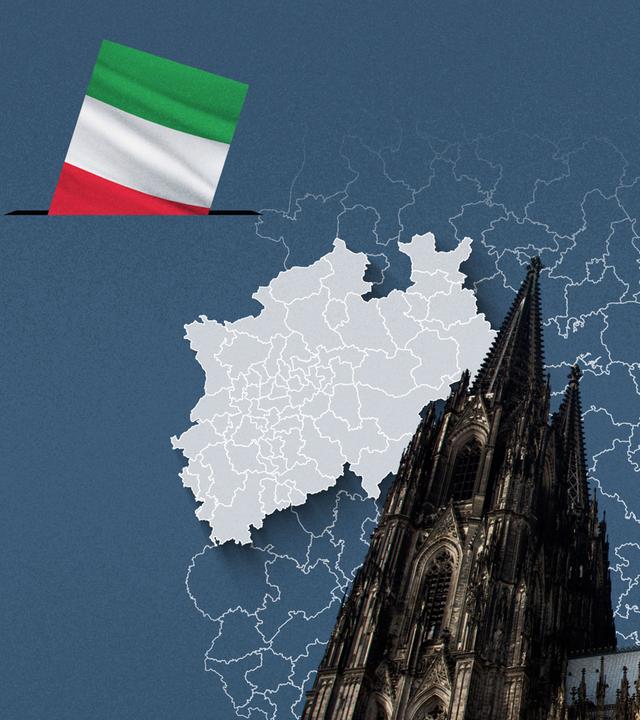 Foto vom Kölner Dom, davor eine Wahlkreis-Karte von Nordrhein-Westfalen und die Flagge