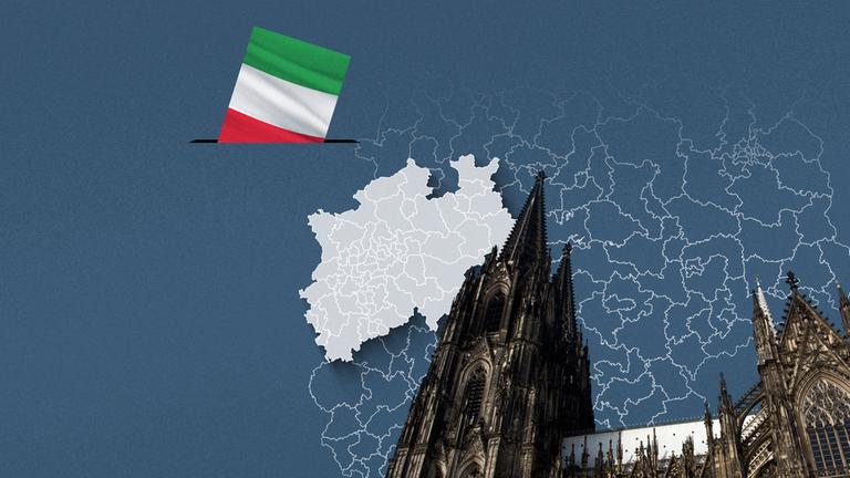 Foto vom Kölner Dom, davor eine Wahlkreis-Karte von Nordrhein-Westfalen und die Flagge